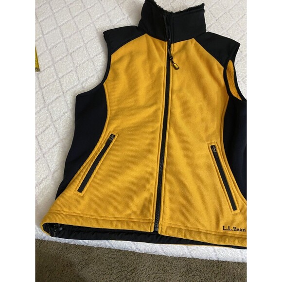 Vintage LL Bean Women’s Black/Yellow Vest Fur Trim Two Front Pockets Sz Petite M - Picture 5 of 15